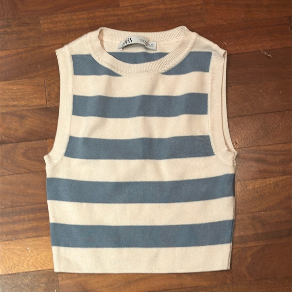 Zara Blue and Cream Striped Cropped Tank